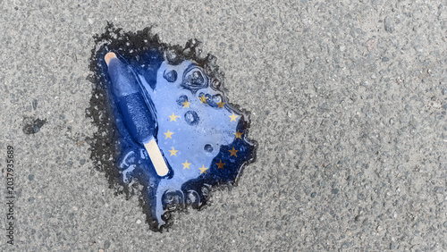 Tableau sur toile Blue melted ice cream with star sprinkles on asphalt resembling the EU flag — a satirical political illustration symbolizing instability, decline, and the fragility of alliances