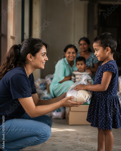 Volunteer woman giving food package to young kid. Kindness, support and empathy. Humanitarian aid for poor family in local community. Social care and help to children in poverty.