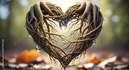 Heart shaped tree roots intertwined with water droplets symbolizing love nature and life's precious elements in a soft forest setting