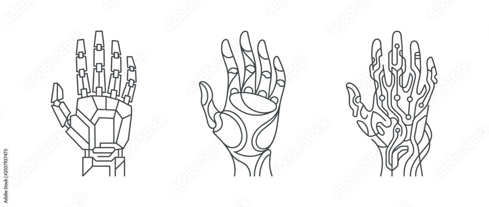 Fototapeta premium Three vector illustrations of robotic hands for technology and future concepts