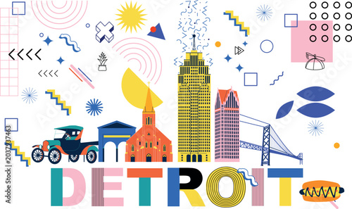 Photography Detroit culture travel set, famous architecture and specialties in flat design