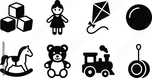 Schilderij op canvas Children Toys and Playtime Objects Vector Icon Set, building blocks doll kite ba