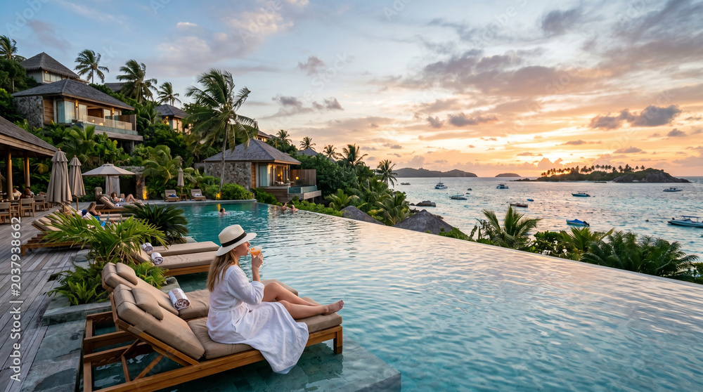 Fototapeta premium Luxury Resort Infinity Pool with Woman Relaxing at Sunset