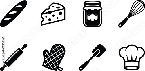 Photos Baking and Cooking Tools Vector Icon Collection, bread cheese jam whisk rolling