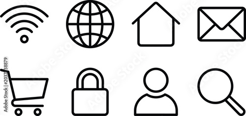 Foto Web and Online Services Vector Icon Collection, wifi globe home envelope shoppin