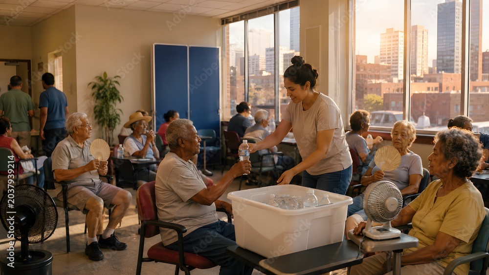 Fototapeta premium Community cooling center distributing water to seniors during extreme heat