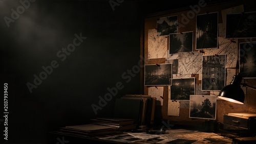 Detective evidence board with pins and red thread connected to dark mystery photos. Dark office tabletop with lamp and copy space. Criminal investigation concept for thriller background.