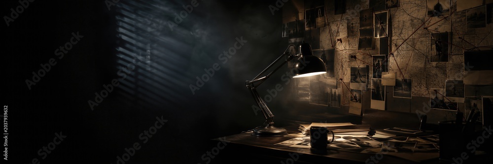 Fototapeta premium Crime investigation wall with evidence photos and connected yarn on map. Detective office desk with lamp in dark room. Mystery thriller background with copy space for text.