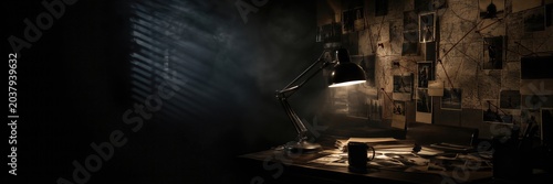 Crime investigation wall with evidence photos and connected yarn on map. Detective office desk with lamp in dark room. Mystery thriller background with copy space for text.