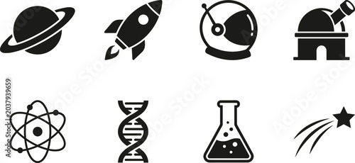 Cuadro en lienzo Science Laboratory and Atomic Research Vector Icon Collection, atom DNA flask te