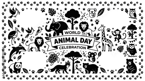 Photography World Animal Day celebration hand drawn doodle banner with cute wild animals