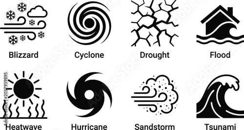 Photos Extreme Weather and Natural Disaster Vector Icon Set, blizzard cyclone drought f