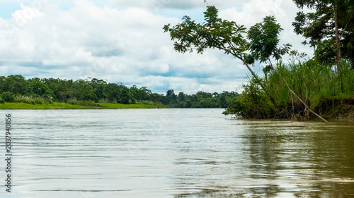 Wide tropical river flowing through a lush green jungle landscape under a cloudy sky with dense vegetation along the muddy riverbank.