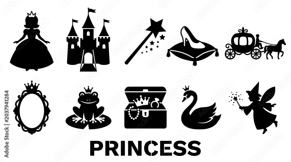 Obraz premium Princess Fairy Tale Silhouette Icons Set Featuring Castle, Magic Wand, Carriage, Glass Slipper, and Frog Prince