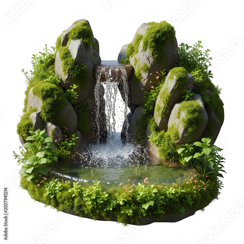 Small waterfall flowing over mossy rocks in a garden isolated on transparent background