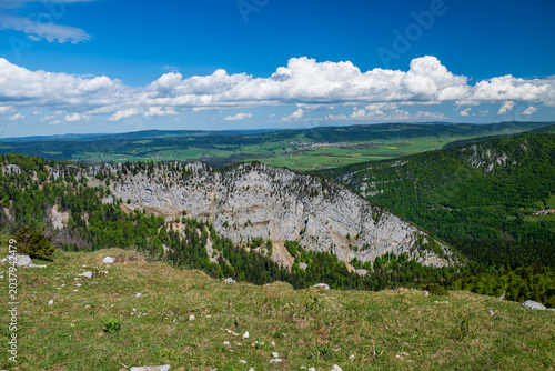 Wide view of limestone cliffs, green forests, and Jura valleys under blue sky and clouds at Creux du Van in spring.