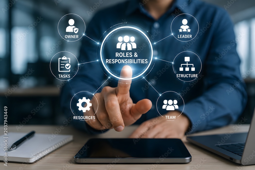 Obraz premium Roles and responsibilities in business explained with icons on a digital interface, representing management and teamwork.