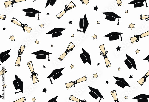 Seamless pattern of graduation caps and diplomas.