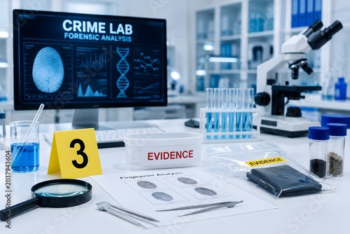 Crime lab investigation with DNA and fingerprint analysis on the monitor for the concept of forensic science and criminal justice.