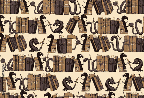 Vintage books and serpents pattern illustration.