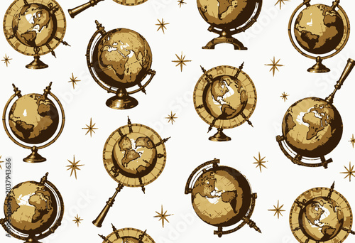 Vintage globes and stars pattern illustration.