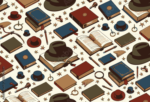 Vintage detective items pattern with books and hats.