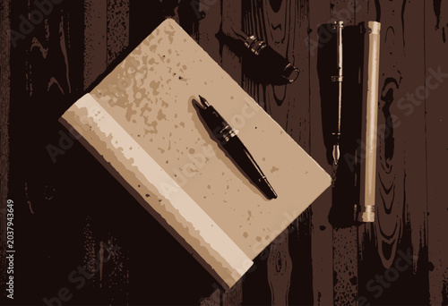 Vintage notebook with fountain pen on wooden table.