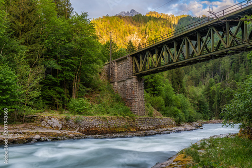 Railway Bridge Over Mountain River in Forest Landscape