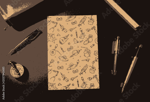 Vintage stationery set with notebook and pens.