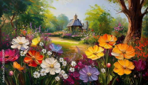 oil painted garden colorful flowers generative ai