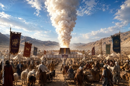 At the center of the camp, the Tabernacle stands beneath a rising cloud, as Israel prepares to move in obedience, gathering tents, herds, and banners under the desert sky.
