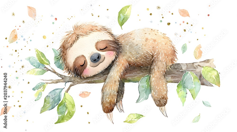 Fototapeta premium Cute watercolor baby sloth sleeping on a tree branch illustration. Sweet animal nursery print with gold glitter dust and green leaves isolated on white.