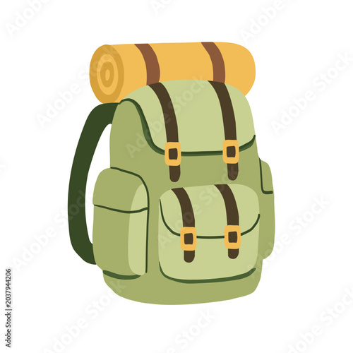 Travel bag for camping with mat. A backpack for outdoor activities, hiking and camping in the forest. Summer roads, wildlife tracking and the concept of nature roads.