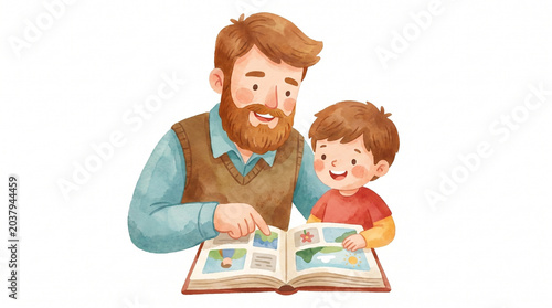 Father and son sharing joy while looking at a photo album