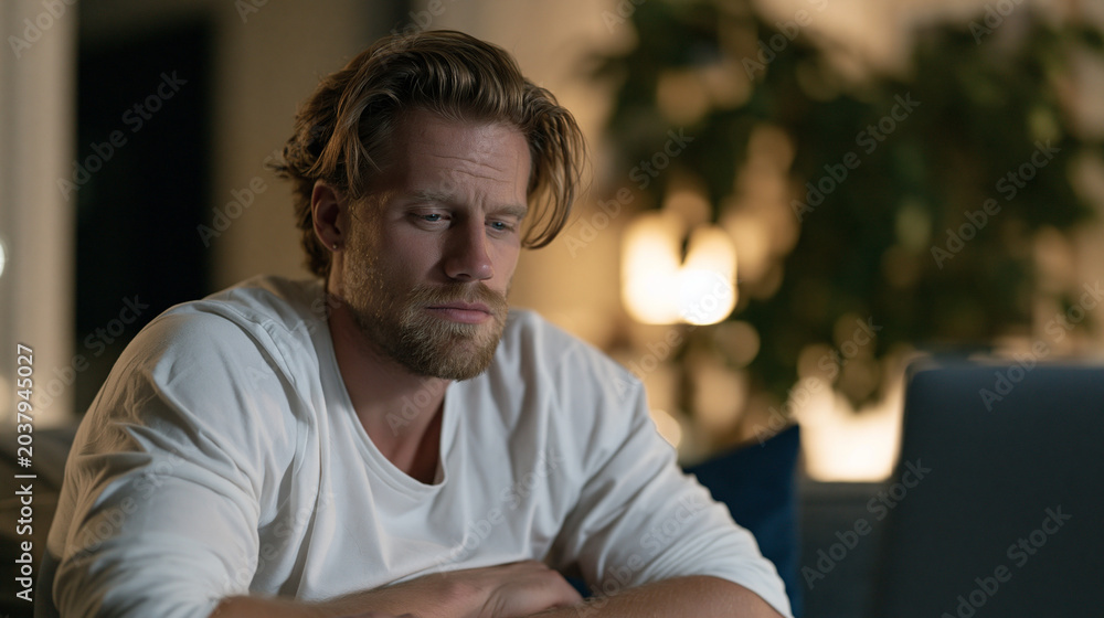 Obraz premium Exhausted non-technical founder hunched over a laptop in a modest home office at midnight, watching tutorial videos with handwritten error codes taped to the monitor, ideal for