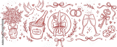 Elegant wedding celebration icons set featuring rose bouquet champagne dinner plate and rings hand drawn vector illustration