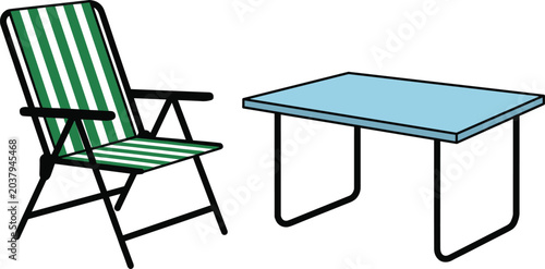 Outdoor Folding Chair with Green Stripes and Blue Portable Camping Table Vector Illustration for Summer Picnic Leisure