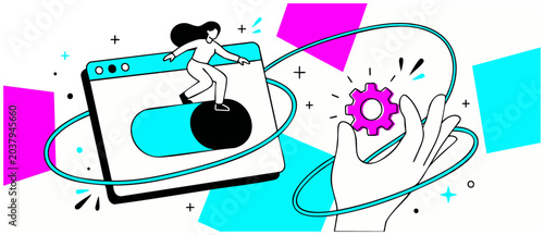 Photography User interface web development illustration showing woman surfing on toggle switch next to hand holding gear settings cog representing UX design customization optimization process on white background