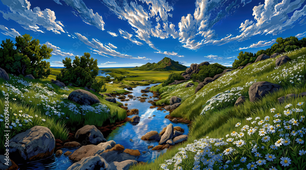 Obraz premium Mountain landscape featuring a flowing creek through a lush green valley with rolling grassy hills and white wildflowers under a dramatic blue sky filled with textured clouds for wall art.