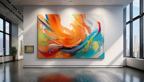 a modern and abstract painting hanging on the white wall of the art exhibition hall generative ai