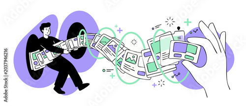 Foto UI UX design workflow process with flat vector illustration of digital data transfer pipeline, managing wireframe templates, web layout files, and media assets for agile software cloud migrations
