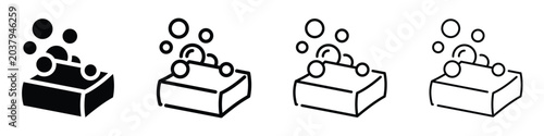 Obraz na plátne Set of soap bar icons with bubbles, representing cleaning and hygiene