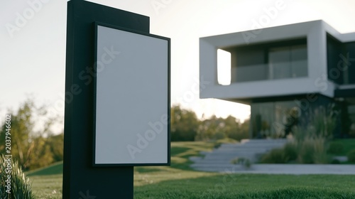 Modern house with a blank sign in front, showcasing a landscape during afternoon light