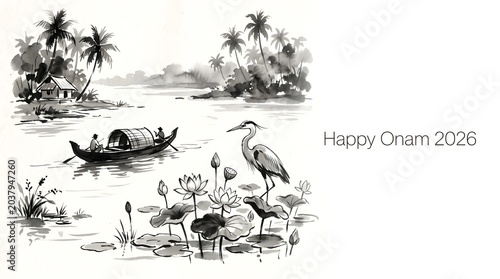 Ink sketch of kerala backwater scene with crane bird and lotus flower during onam