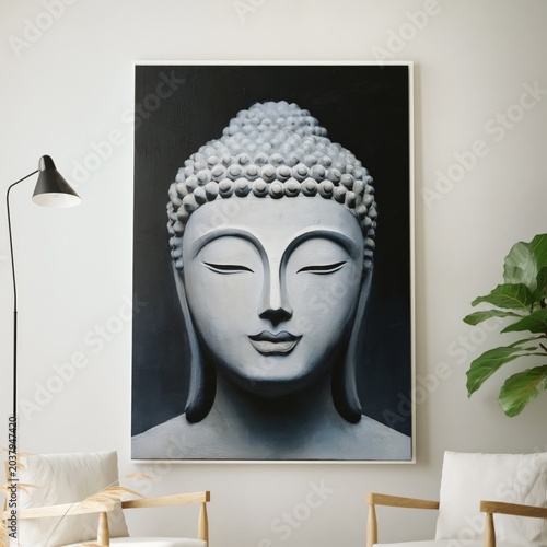 Buddha Statue Wall Art Displayed in a Modern Room With Light Fixtures and Plants