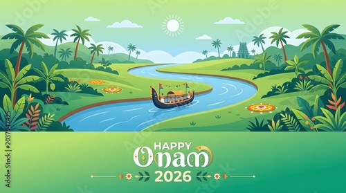 Kerala backwater boat sailing through lush tropical river landscape during Onam festival