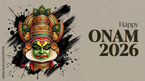 Kathakali face with colorful headdress and ink brushstroke on grey textured background
