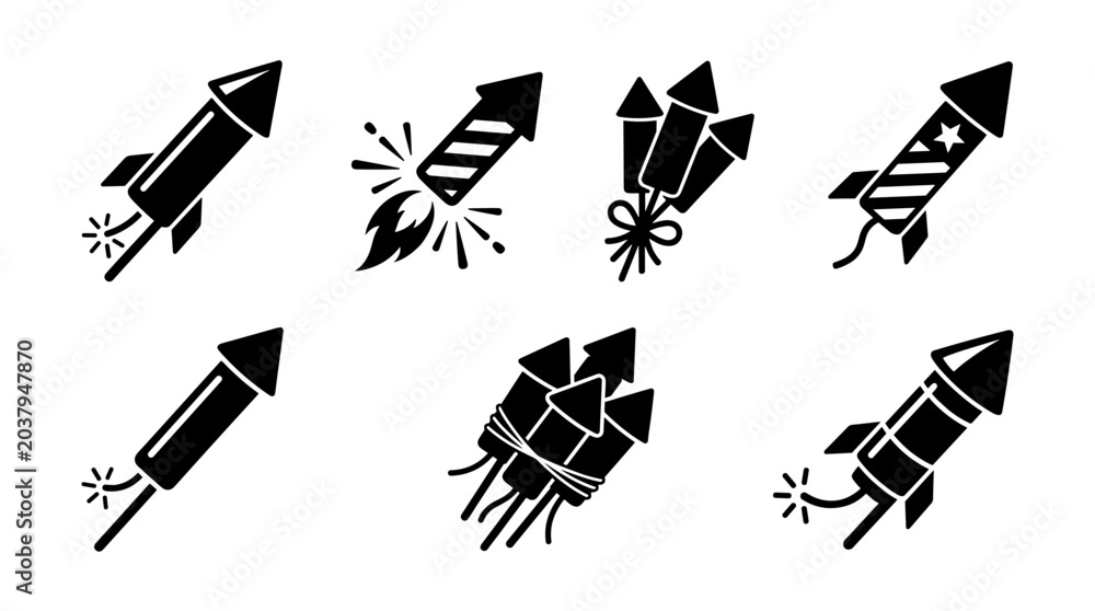 Fototapeta premium Collection of Firework Rocket Icons Vector Set Celebration Pyrotechnics
