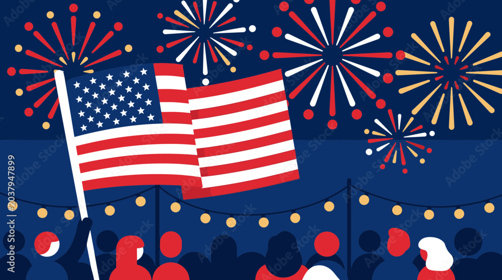 Obraz premium American flag waving with fireworks and crowd celebrating Independence Day