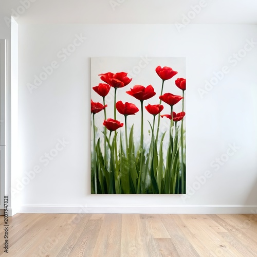 Bright Red Tulips on Display in a Modern Room With Clean Walls and Wooden Floor